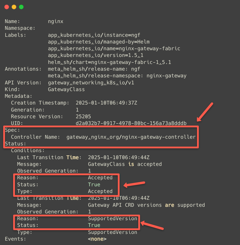 the detailed information of the gateway api controller gateway class