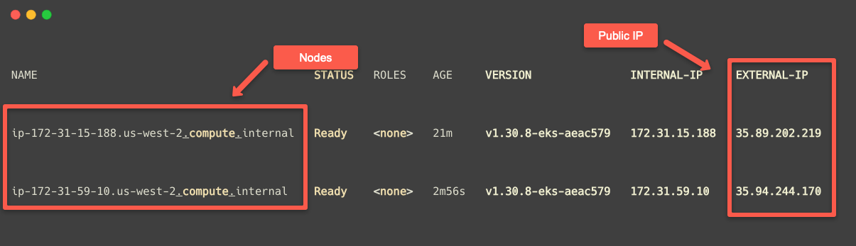 listing the kubernets nodes to identify  the public ips of the no